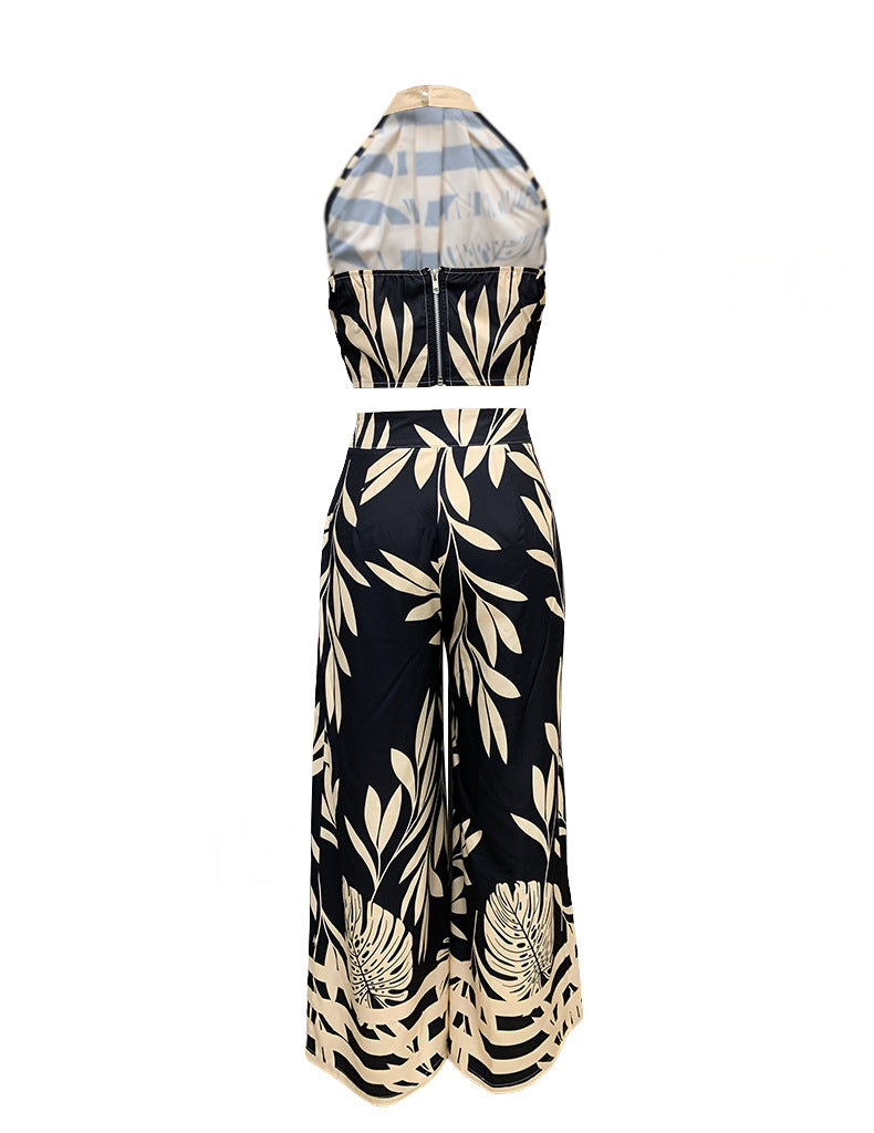 Spring Summer Women's Fashion Chic Print Halter Neck Low Back Top Straight Pants Two-Piece Set 5