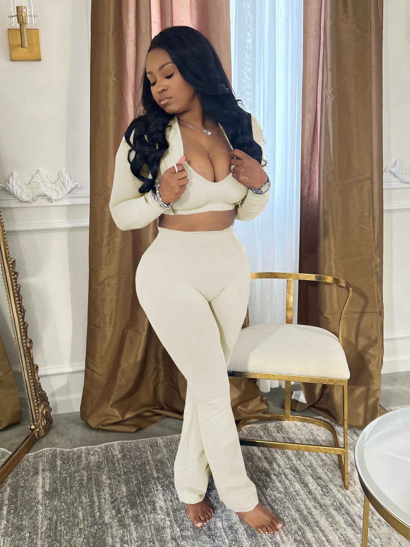 Women's Solid Color Long Sleeve Sexy Open Waist Casual Sports Three-Piece Pants Set 6