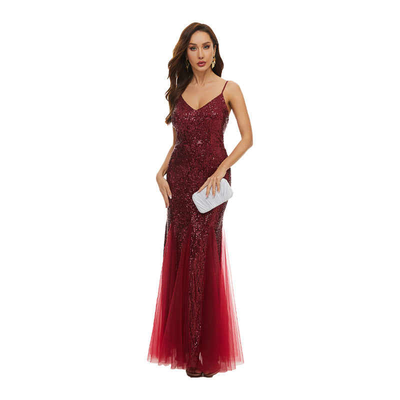 Sequin Dress Women's Luxury Formal Party Evening Dress Deep V Neck Patchwork Sexy Strap Long Dress Slim Fishtail Dress 13