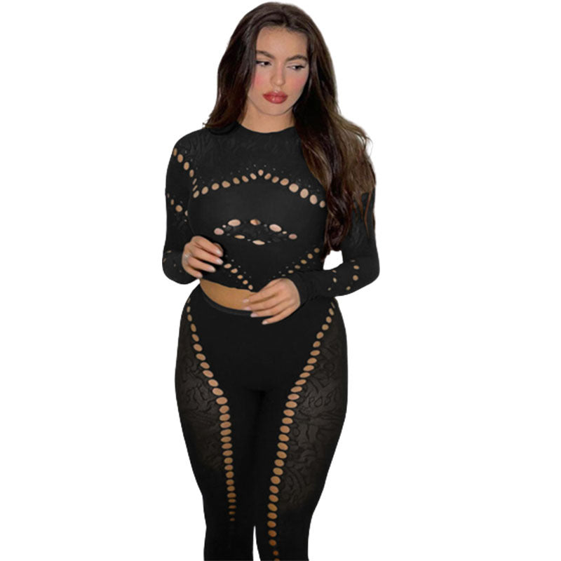 Fall Women's Sexy Round Neck Cutout Tight Fitting Top High Waist See-Through Casual Pant Set 6