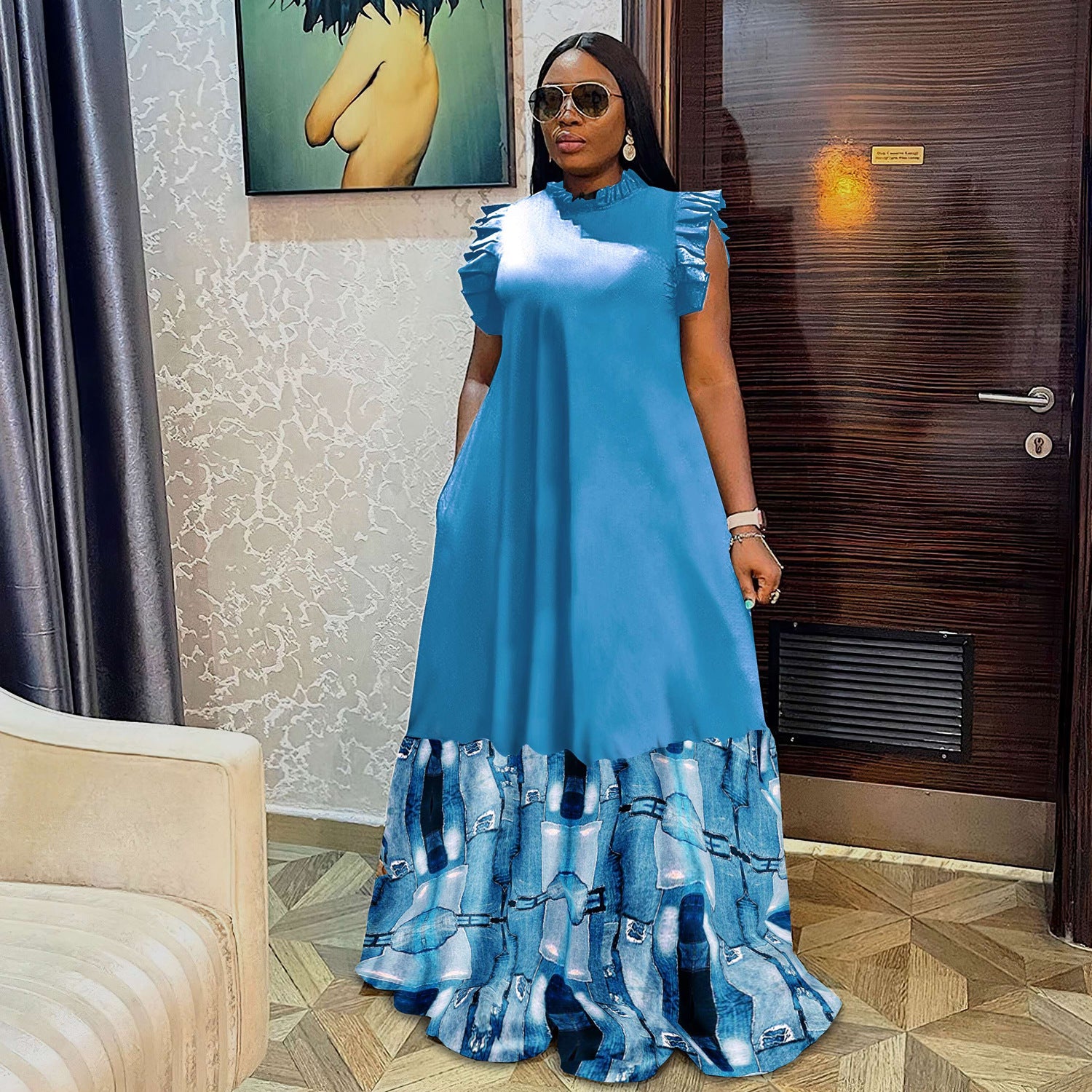 Plus Size Women Patchwork Print Short Sleeve Dress 7