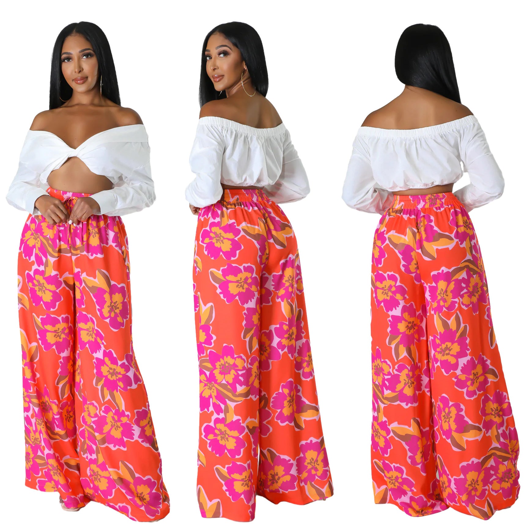 Women's Fashion Casual Graphic Print Wide Leg Pants With Pockets 12