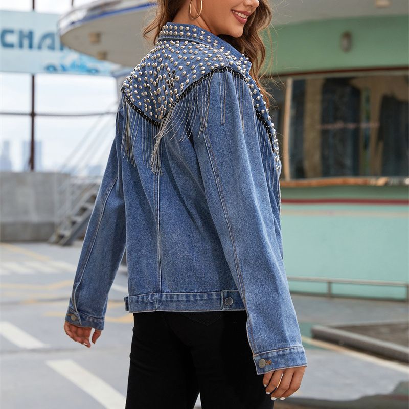 Autumn Rivet Tassel Long Sleeve Denim Jacket For Women 4