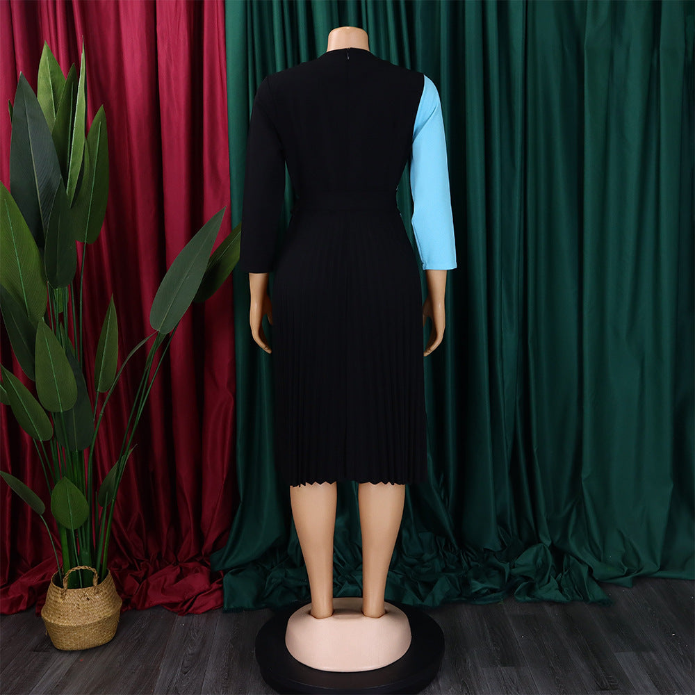 Africa Plus Size Women's Fashion Chic COLorblock Lace-Up Pleated Elegant Dress 18