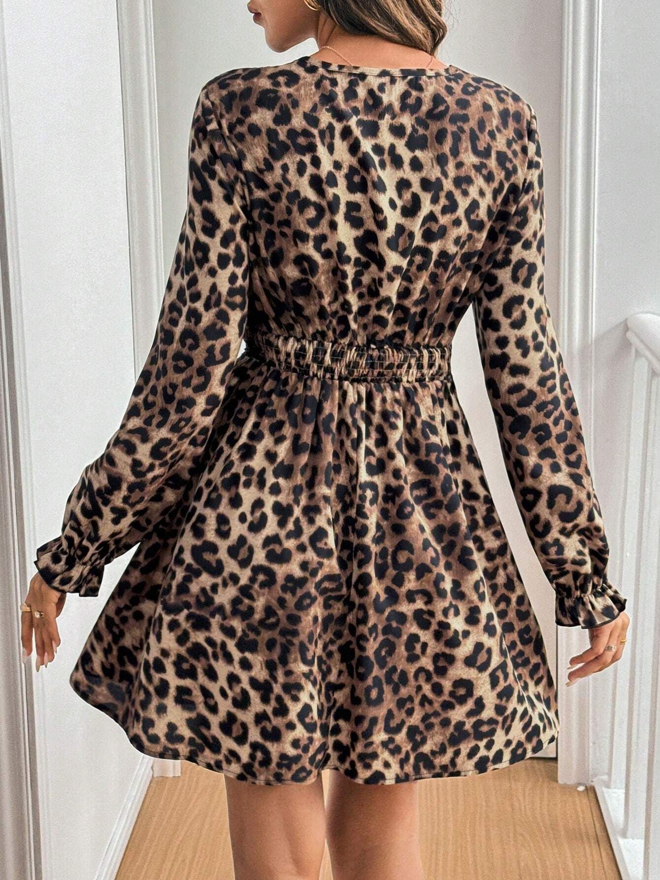Women French V-Neck Leopard Print Long Sleeve Lace Long Sleeve Dress