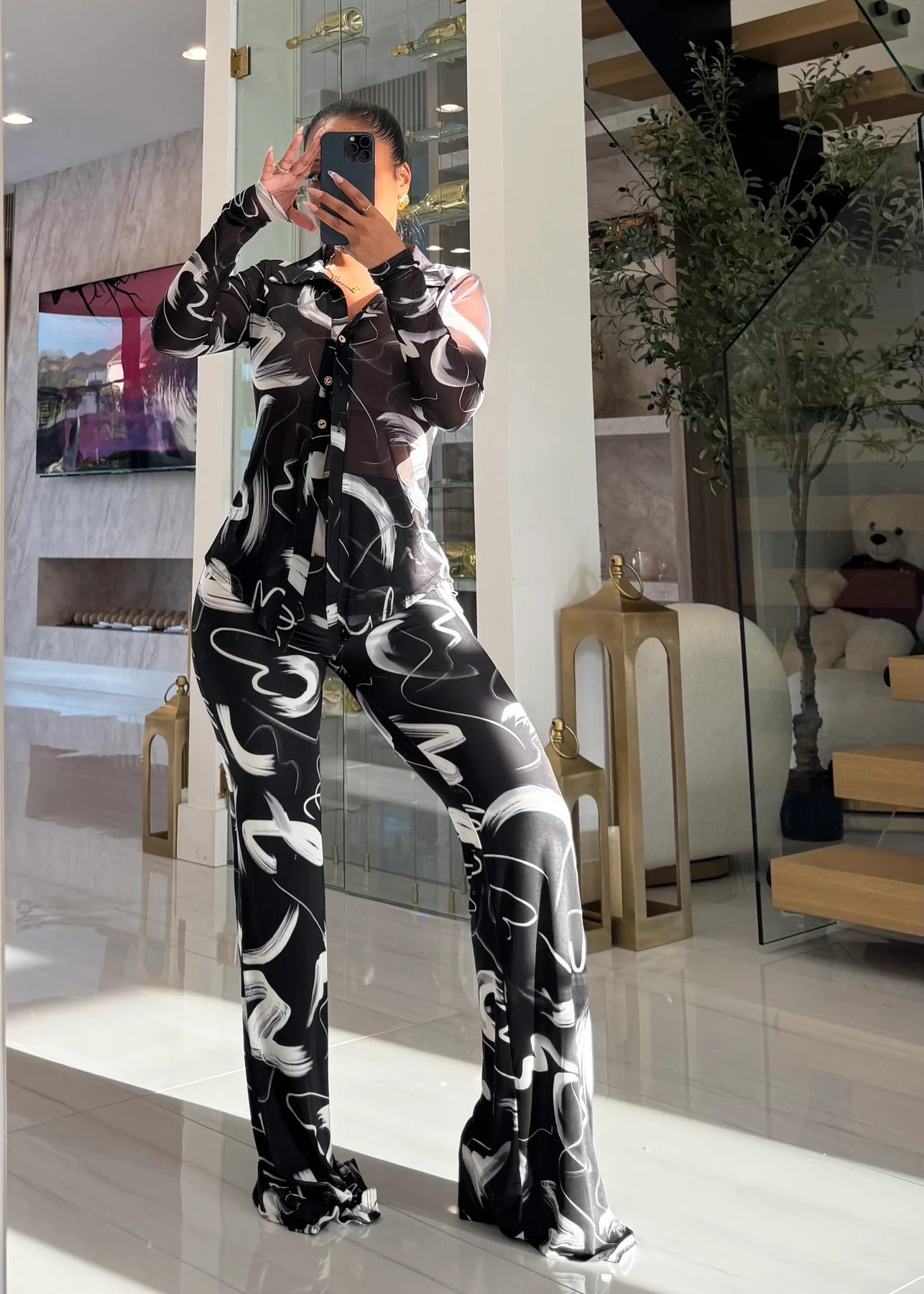 Women Printed Mesh Turndown Collar Long-Sleeved Button Top and Bell Bottom Pants Two-Piece Set 4