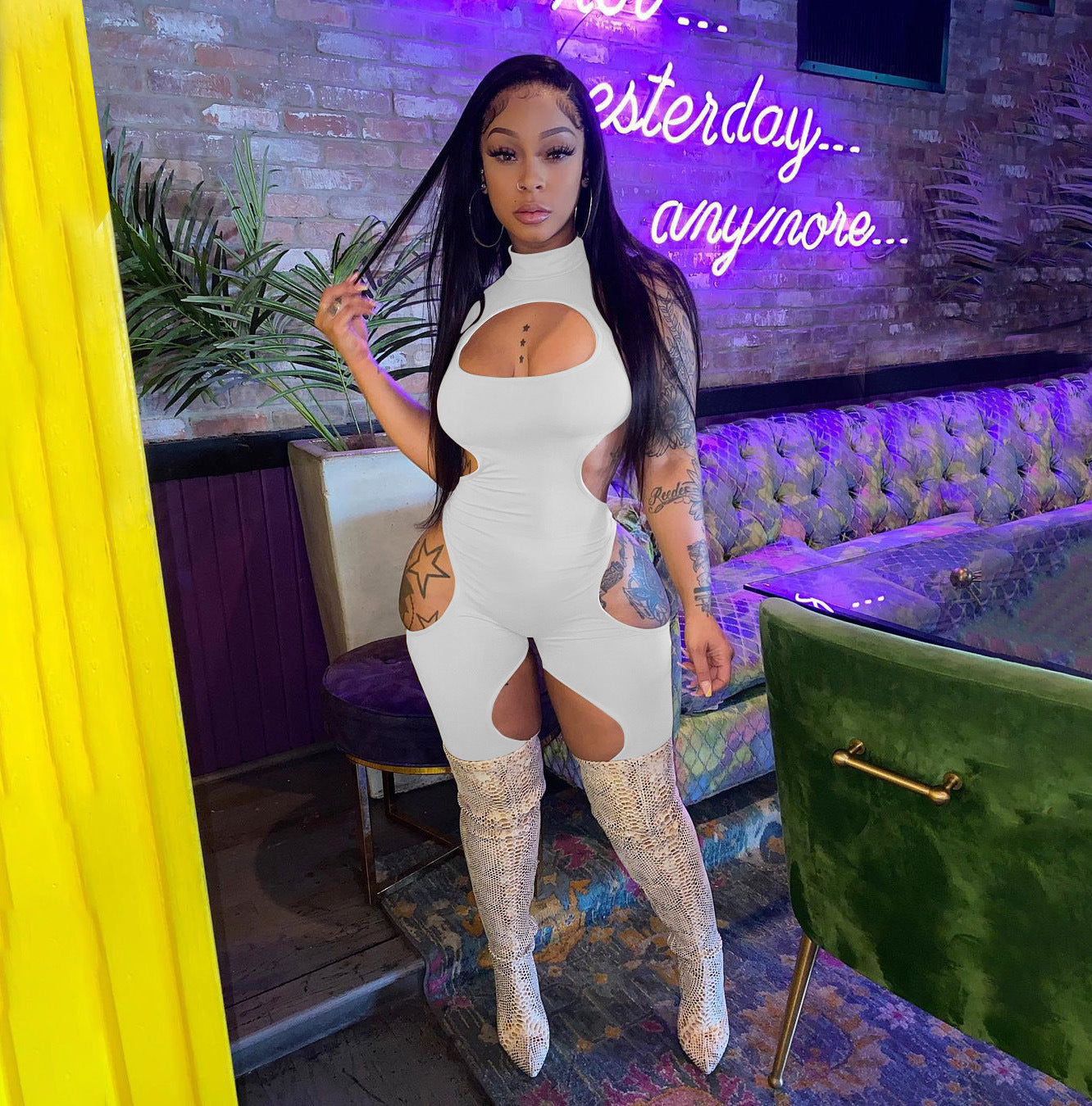 Women's Summer Solid Color Sexy Hollow Short-Sleeve Jumpsuit