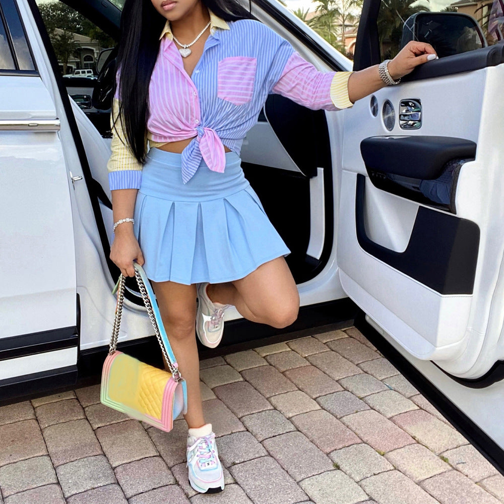 Women Striped Print Three-quarter Sleeve Shirt and Skirt Two-piece Set