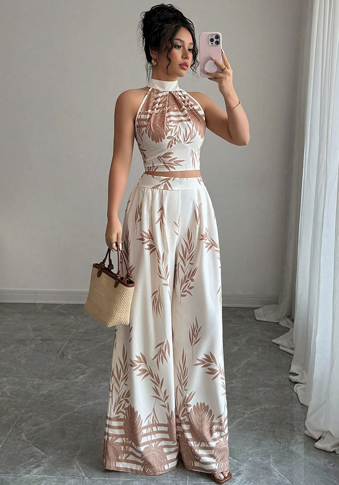 Women's Summer Holidays Chic Print Halter Neck Vest Wide Leg Pants Set