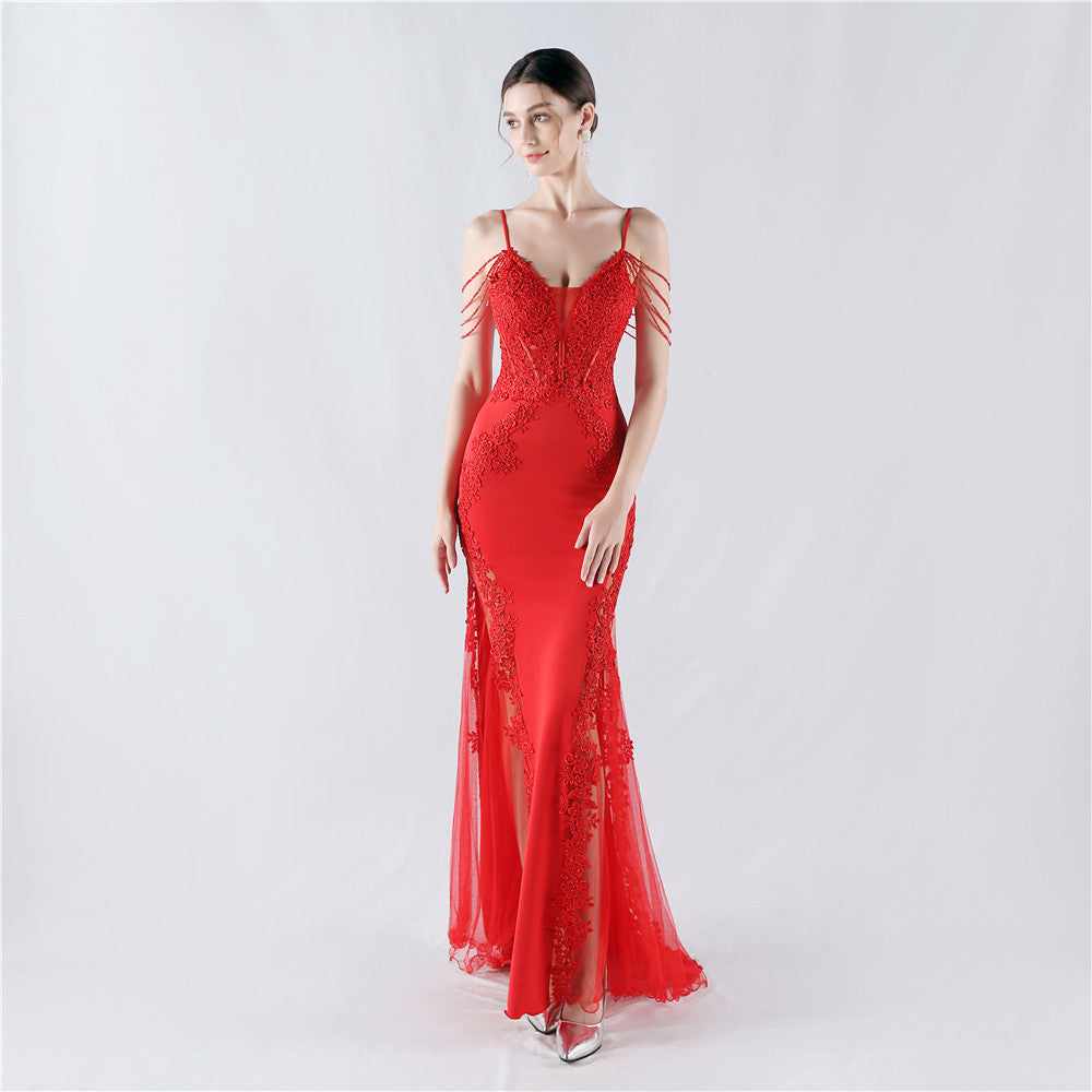 Sexy Strap Rhinestone Chain Fishbone Lace Evening Dress 9