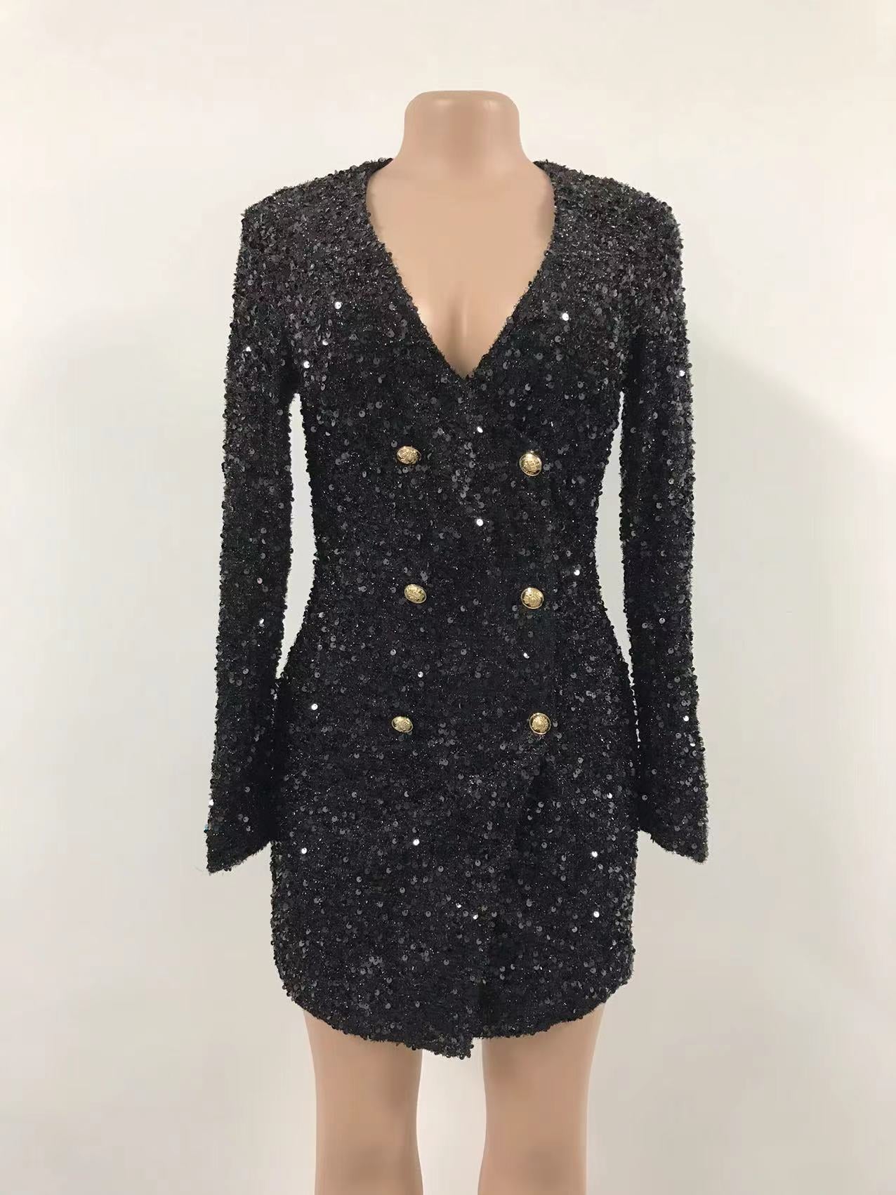 Women Sexy Black Sequins double breasted long sleeve career dress 12