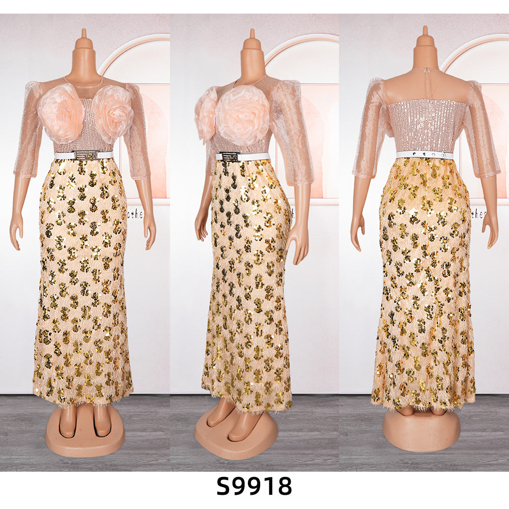 Plus Size Women African Formal Party Party Patchwork Sequin Flower Dress 14