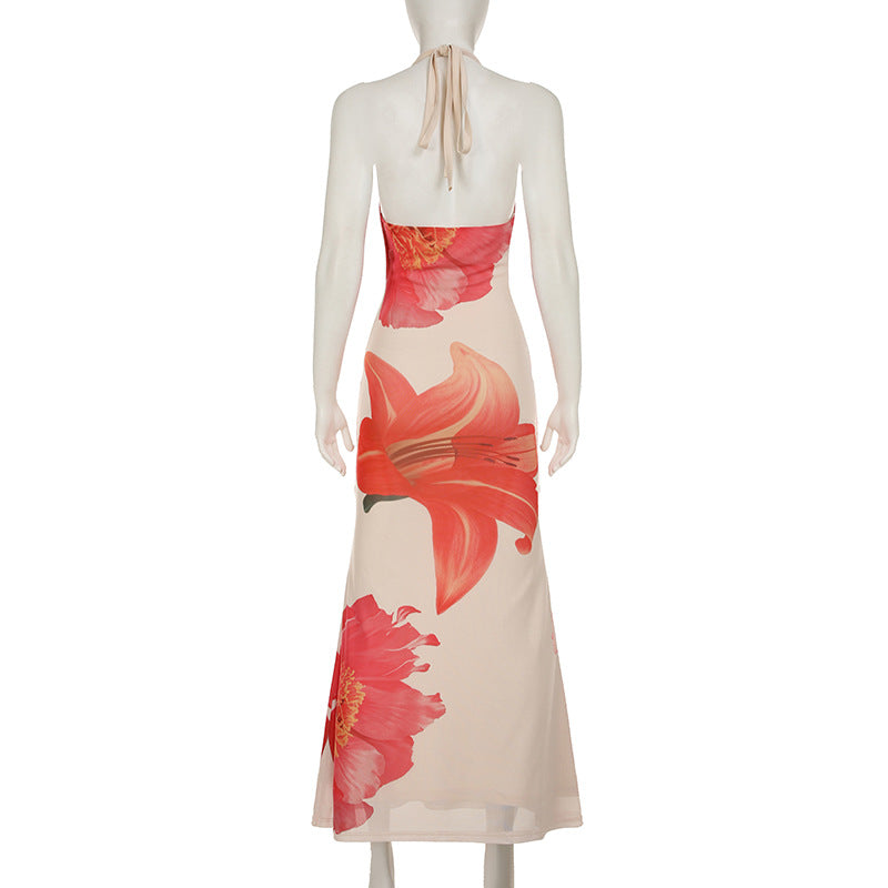 Women's sexy and elegant Holidays style printed contrasting color Halter Neck long dress 6