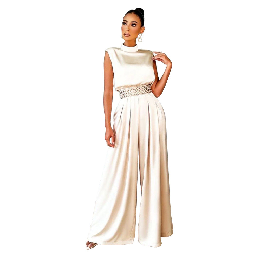 Women's Fashion Wide Leg Pants Solid Color Turtleneck Sleeveless Slim Waist Jumpsuit 4