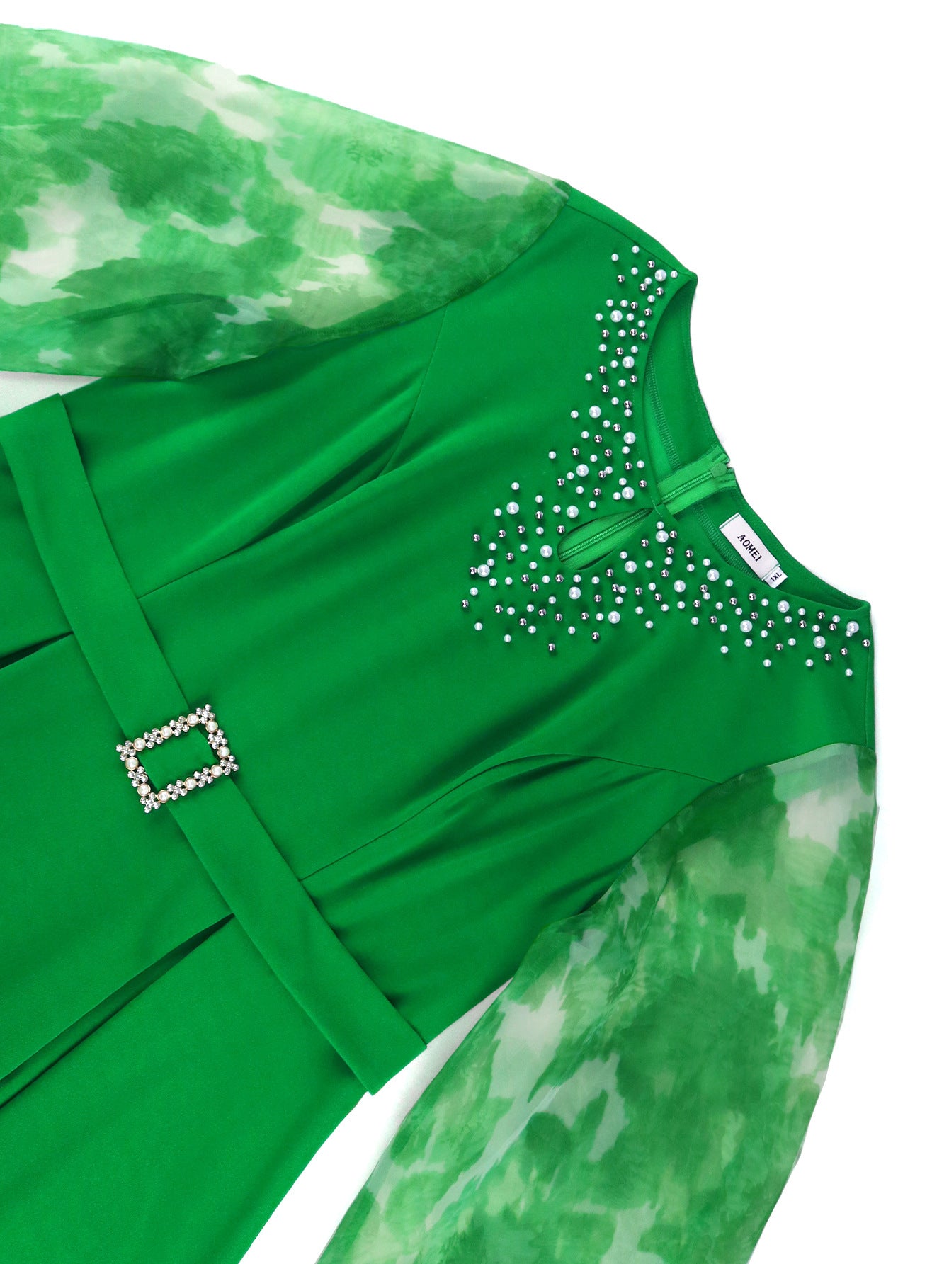 Women Beaded Round Neck Lantern Sleeve Evening Dress 6