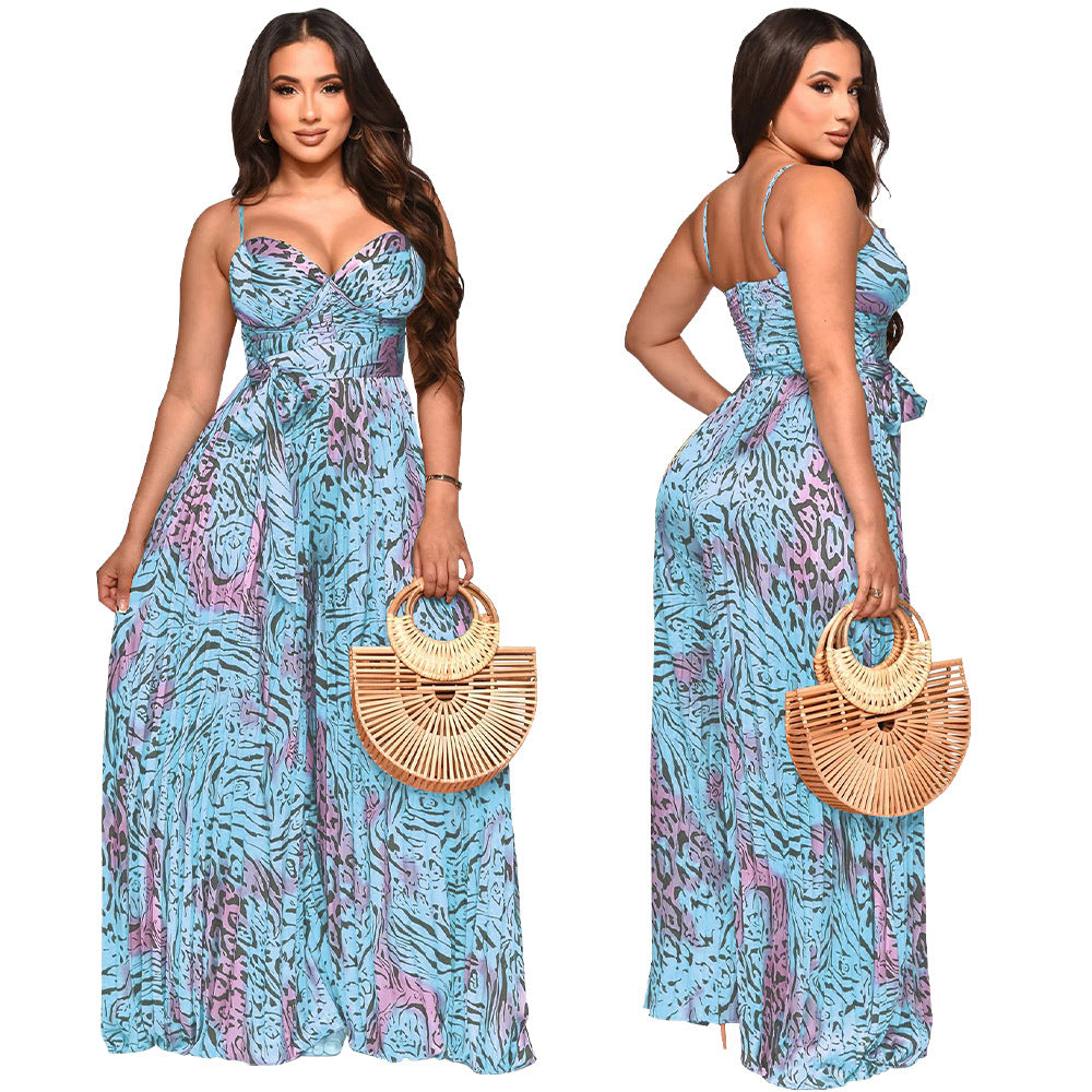Ladies Fashion Printed Strap Pleated Jumpsuit 8