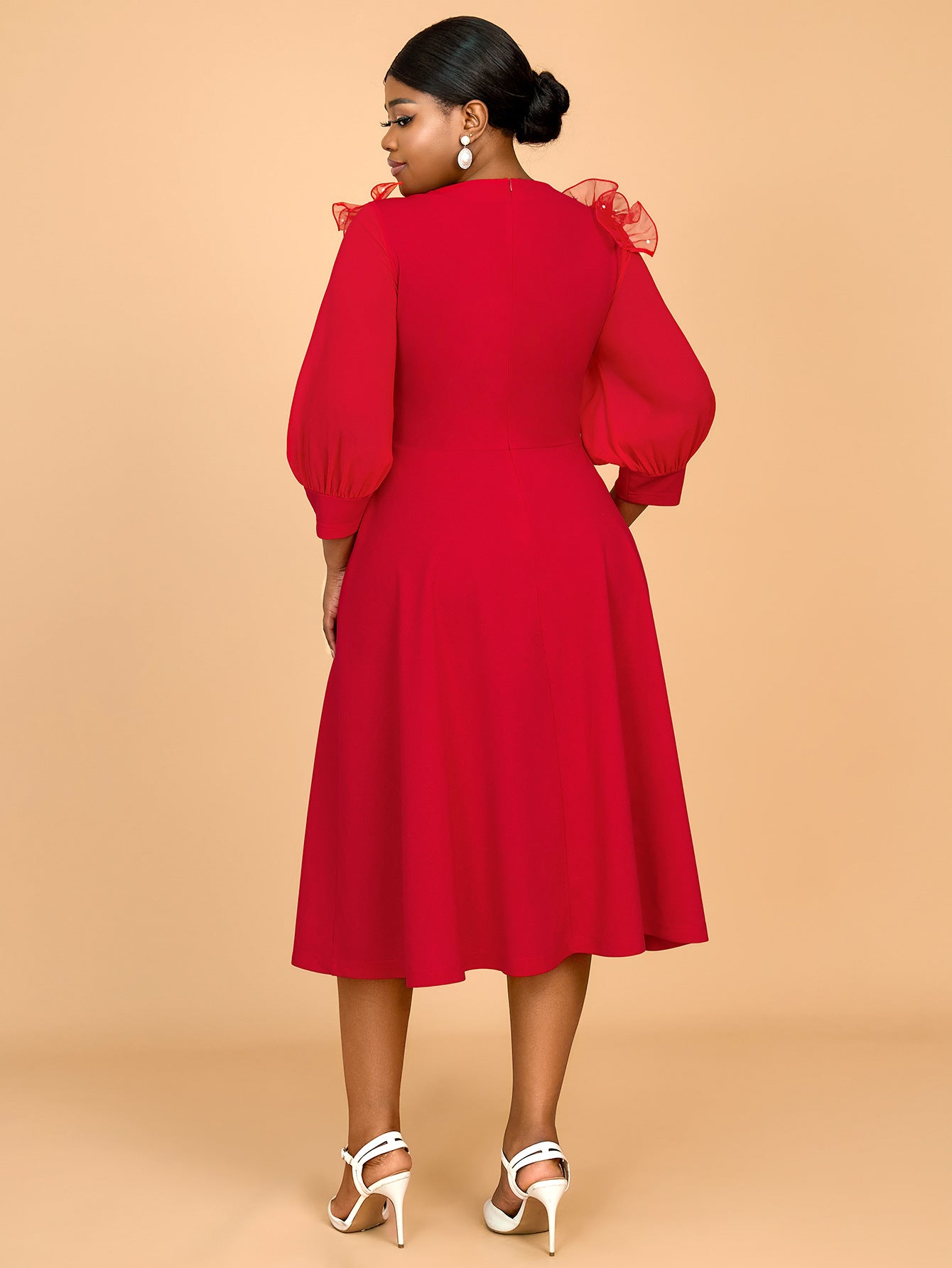 Women African Party Lantern Sleeve Ruffle Edge Beaded Dress