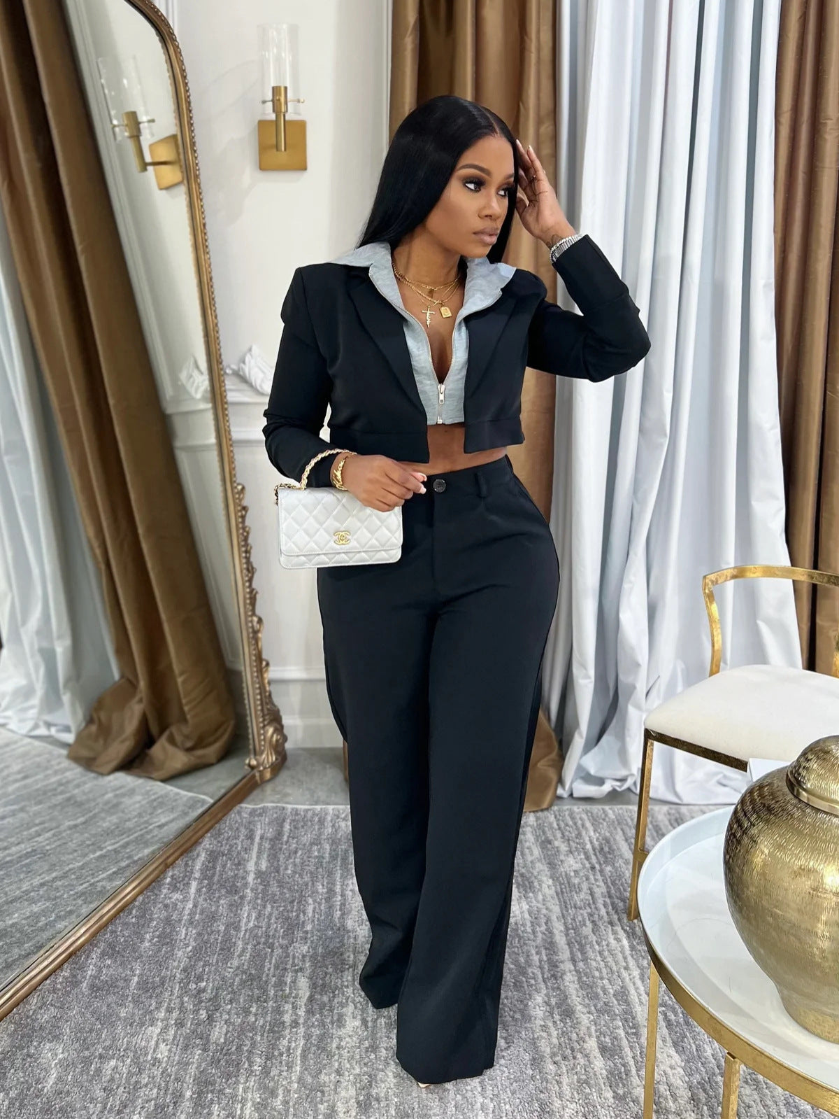 Women autumn and winter Patchwork fake two-piece hooded Coat and pants two-piece set 3