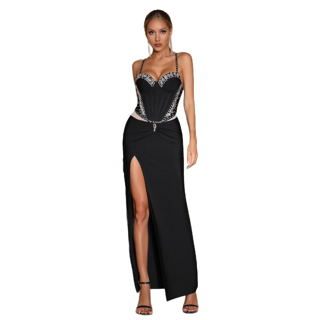 Women Rhinestone Heart-shaped Neck Suspender Body Slit Formal Party Bandage dress 7
