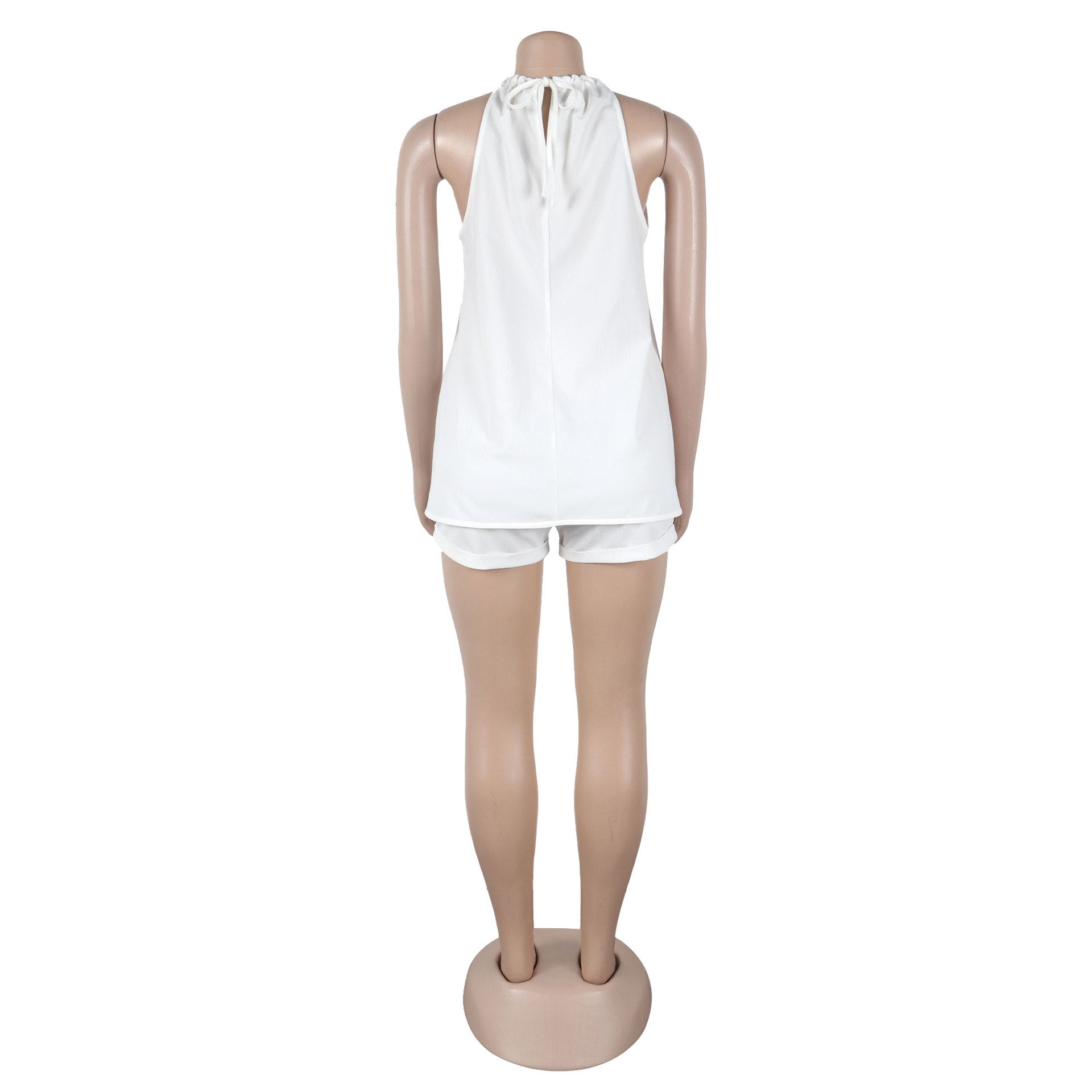 Women sexy solid slit halter neck lace-up sleeveless top and shorts two-piece set 31