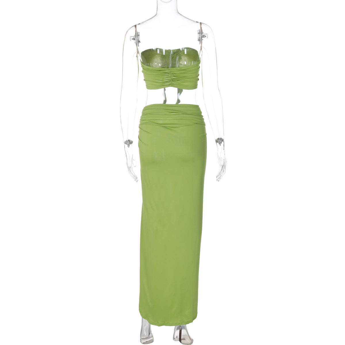 Women's Summer Fashion Sexy Strapless Slim Flower Pleated Split Tie Two Piece Skirt Set 21