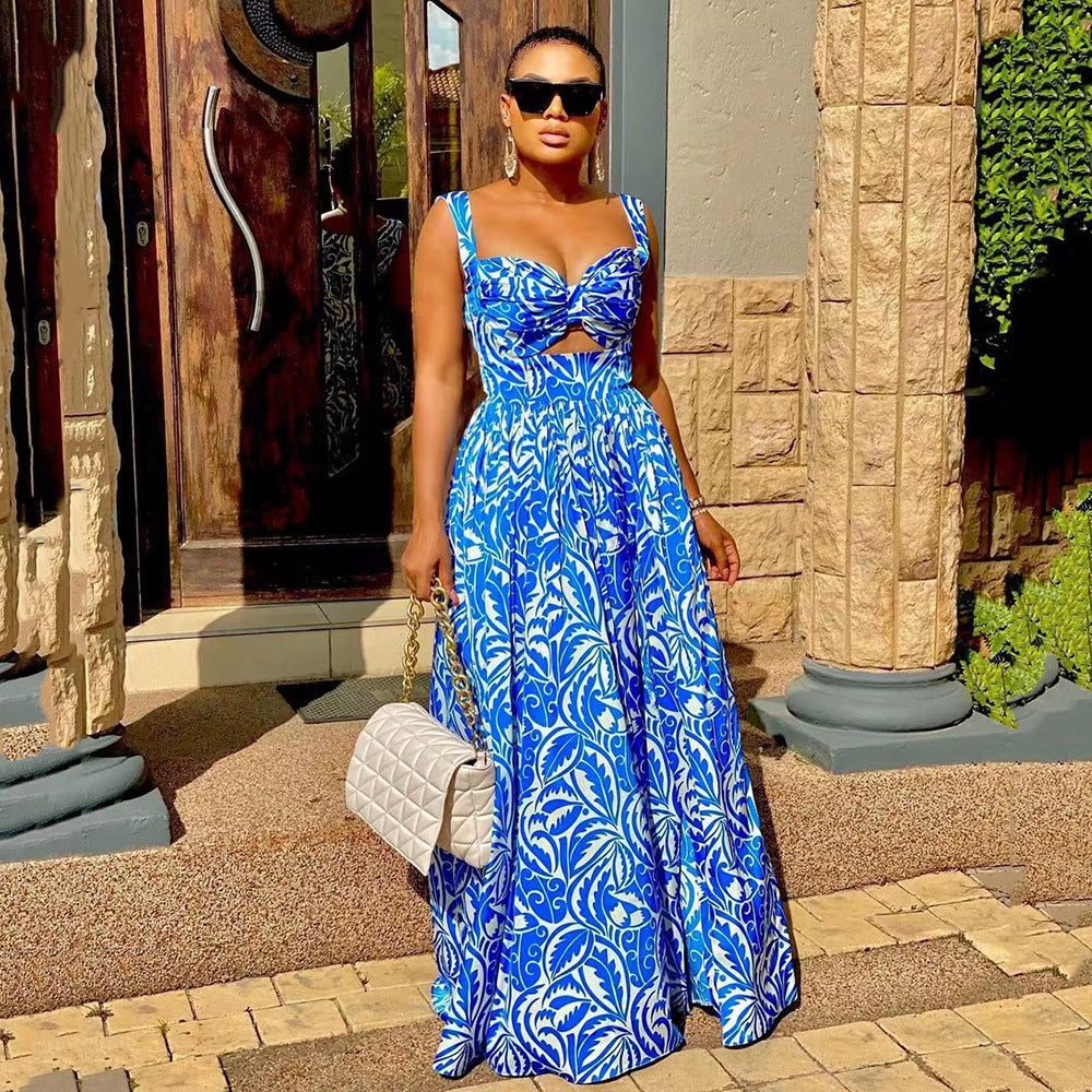 Women Summer Sexy Halter Print Slit Maxi Dress 4