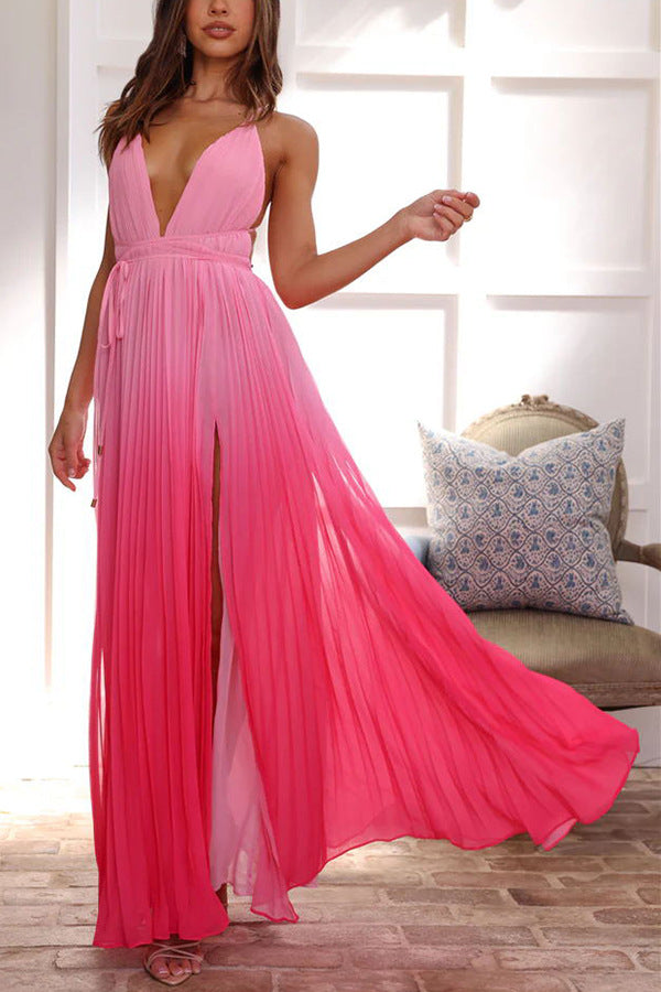 Women V-neck suspenders pleated laces with large swing slits Holidays style dress 4