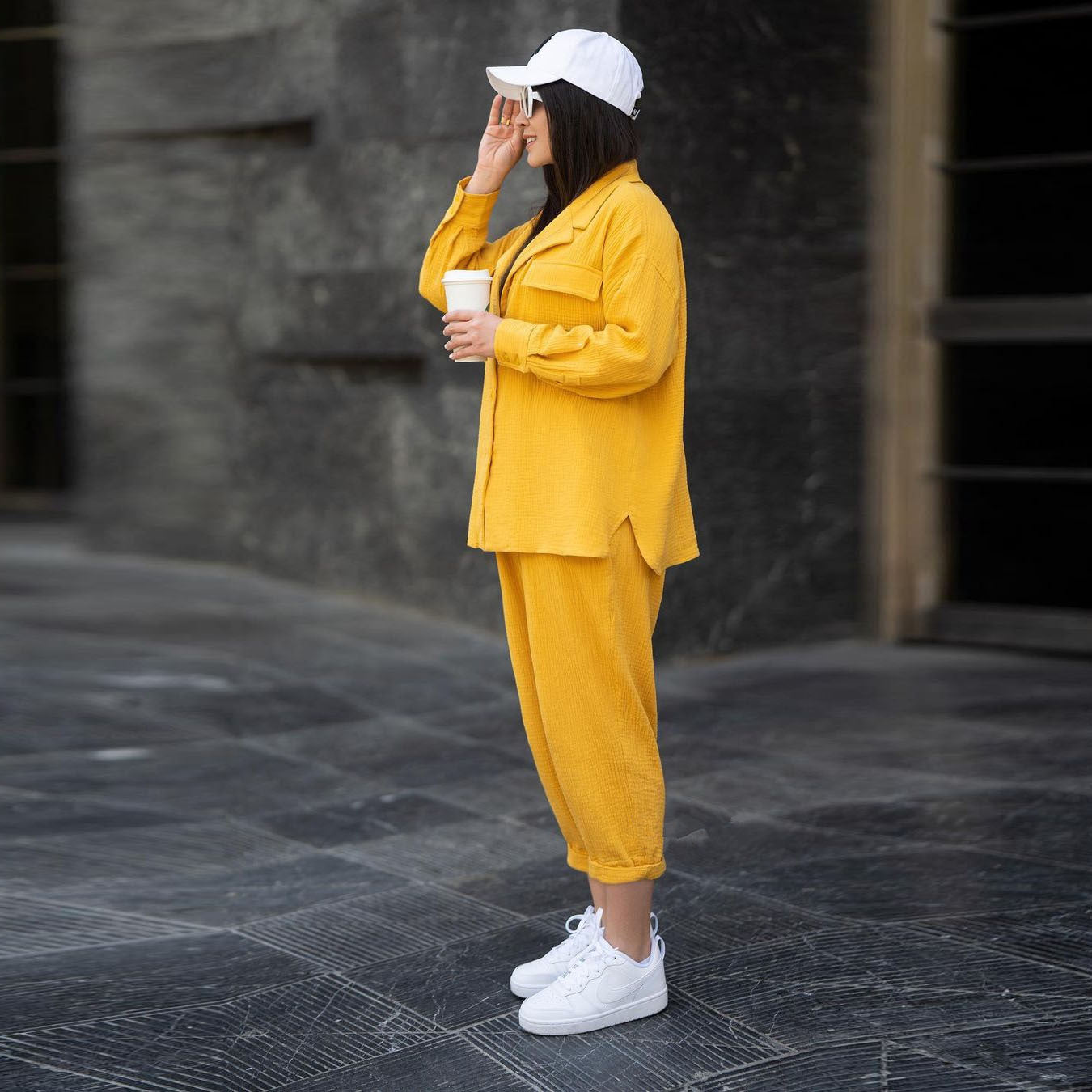 Women's Fashion Loose Solid Color Turndown Collar Long Sleeve Shirt Nine-Point Pants Two Piece Set 5