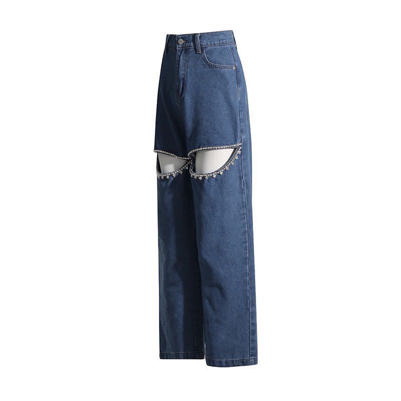 Fashion Diamond Beaded Mid-Waist Straight Hollow Women's Denim Pants 9