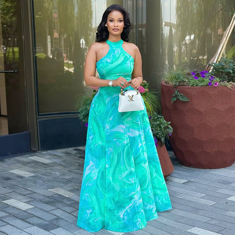 Women Career Print Street Style Round Neck Pleated Sleeveless Maxi Dress 4