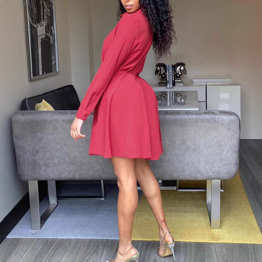 Women Spring Casual Red Long Sleeve Shirt Dress