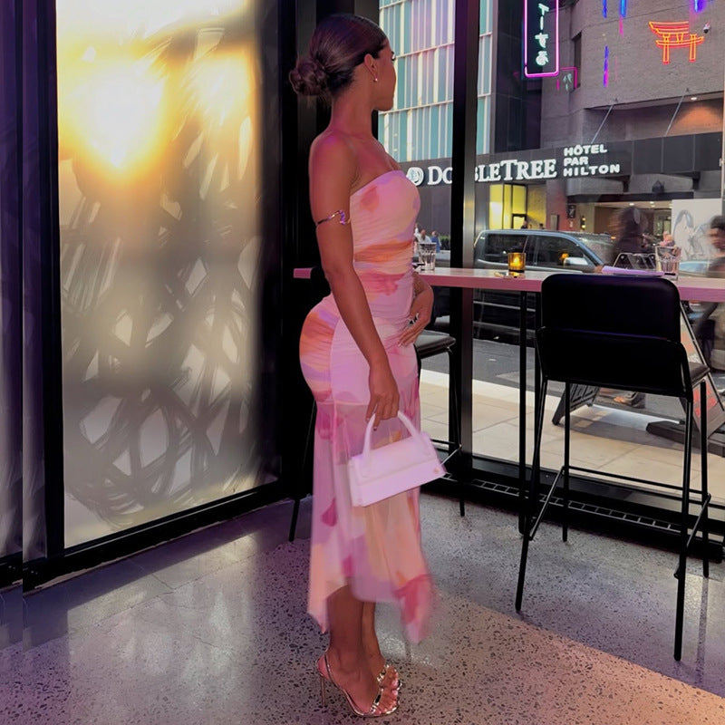 Women's Sweet See-Through Mesh Patchwork Off-Shoulder Slim Fit Dress 4