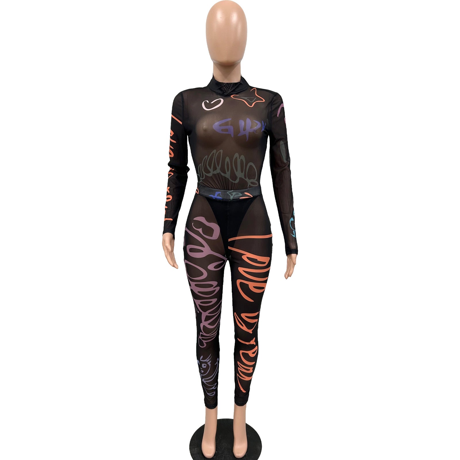 Women's Summer Print See-Through Mesh Tight Fitting Bodysuit Pants Two Piece Set 12