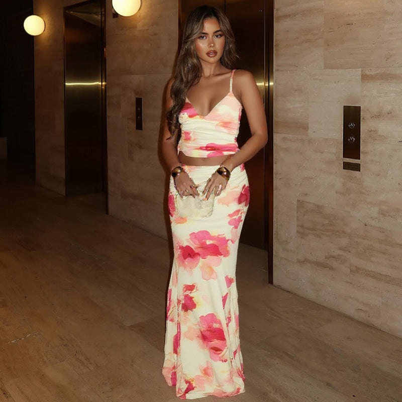 Women Summer Printed V-neck Suspender Tank Top and Skirt Two-piece Set 15