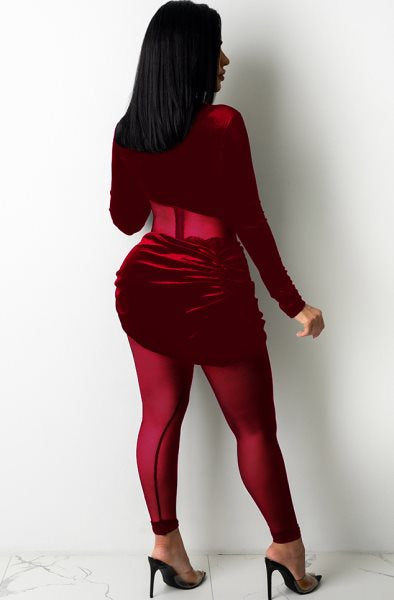 Autumn Party Sexy Mesh Patch Velour Tight Red Jumpsuit