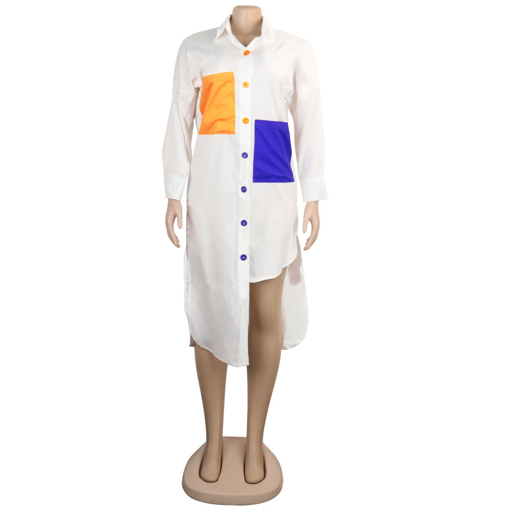 Sexy Color Block Pocket Long Shirtwomen's Clothing 11