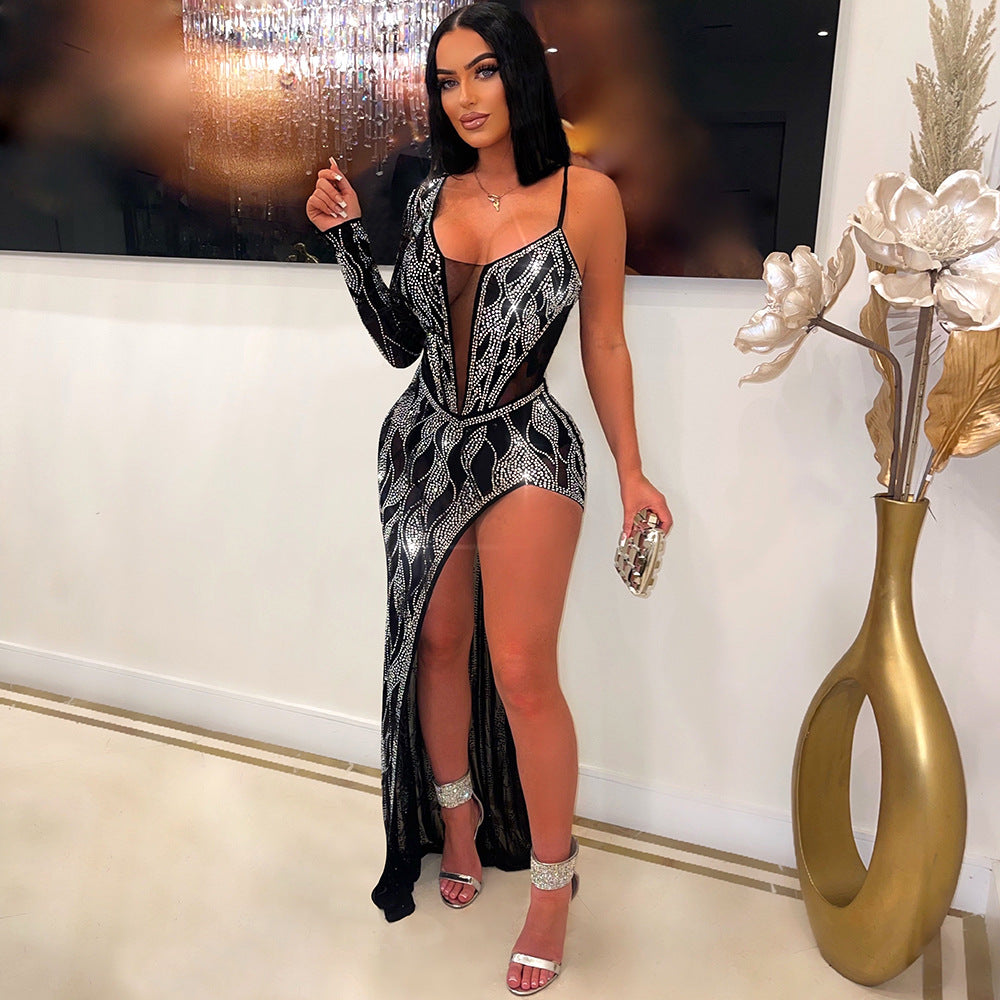 Women Sexy See-Through Beaded Long Sleeve Dress 5