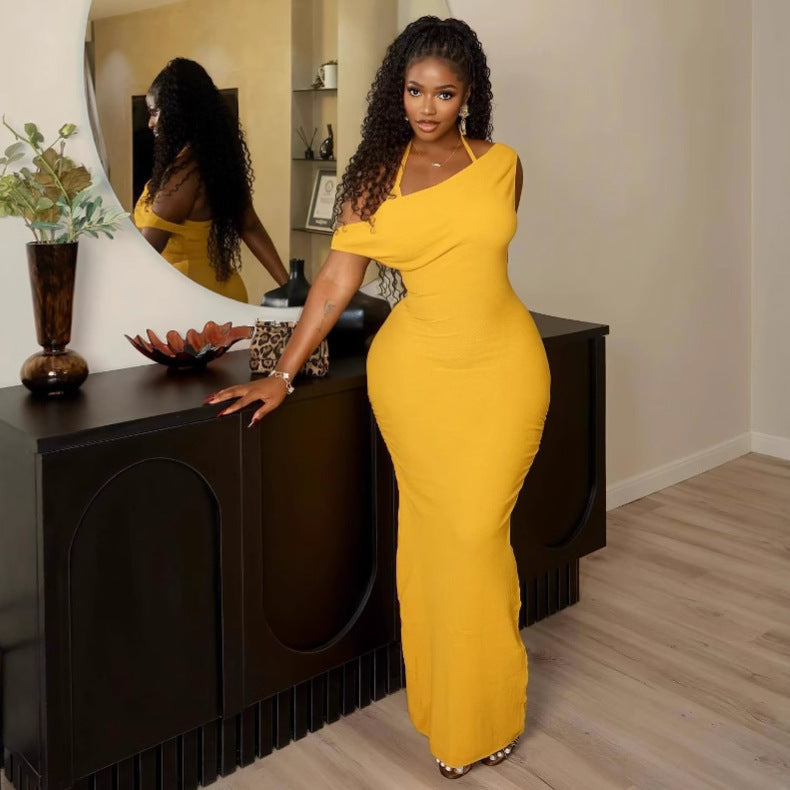 African Women Style One-Shoulder Sleeveless Backless Dress 5