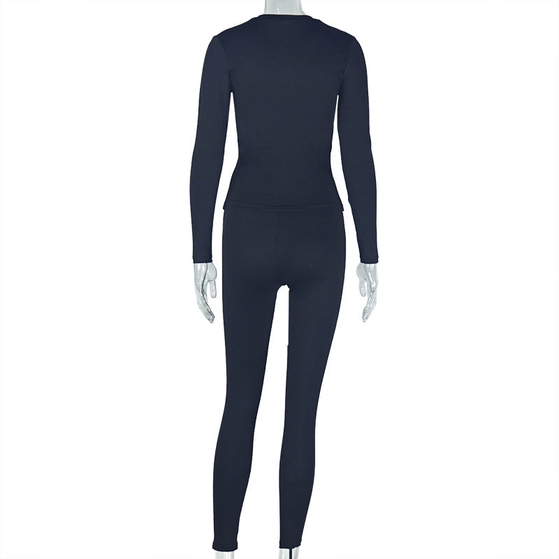 Women Pleated Solid Round Neck Top and Long Pants Casual Two Piece Set 8