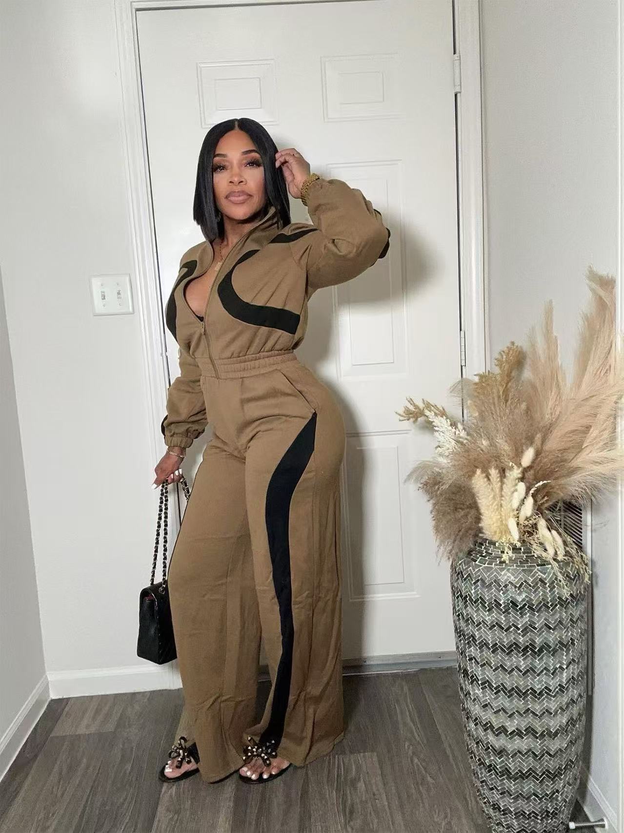 Women's Fashion Casual Sports Winter Color Block Zipper Elastic Waist Jumpsuit 13