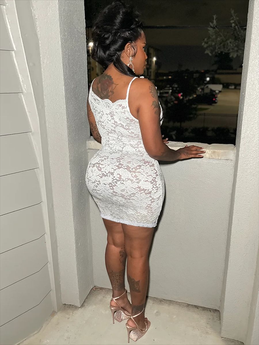 Women's See-Through slim Lace-Up Strap flower lace Bodycon dress 5