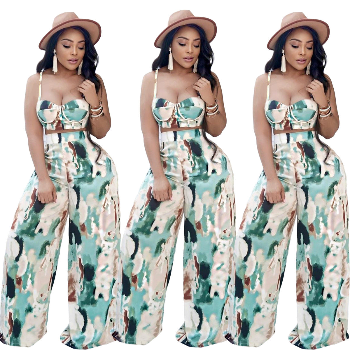 Women Summer Fashion Tie-Dye Straps Crop Top And Wide Leg Pant Two-Piece Set 6