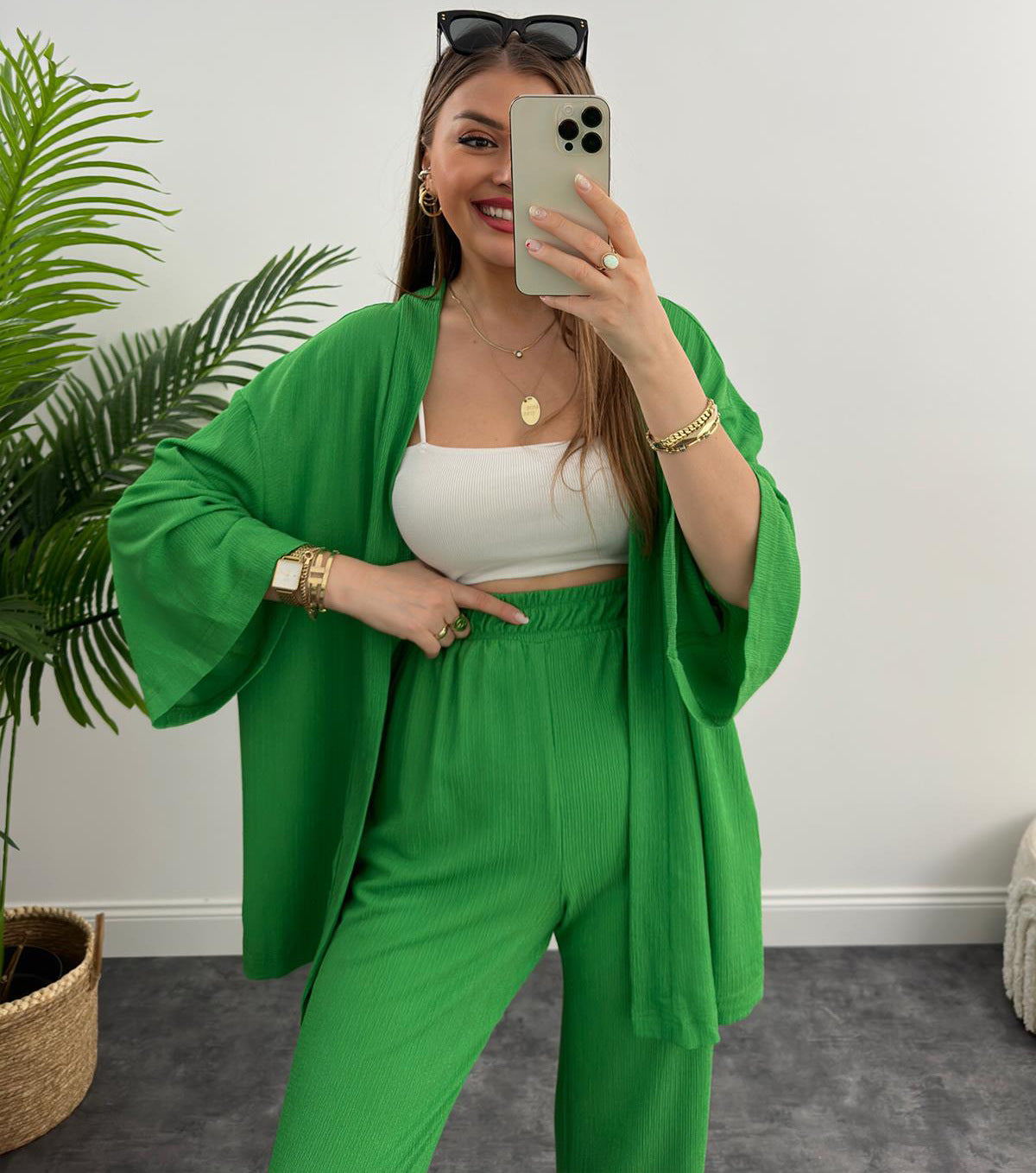 Women Solid long-sleeved shirt and pleated elastic waist trousers two-piece set 27