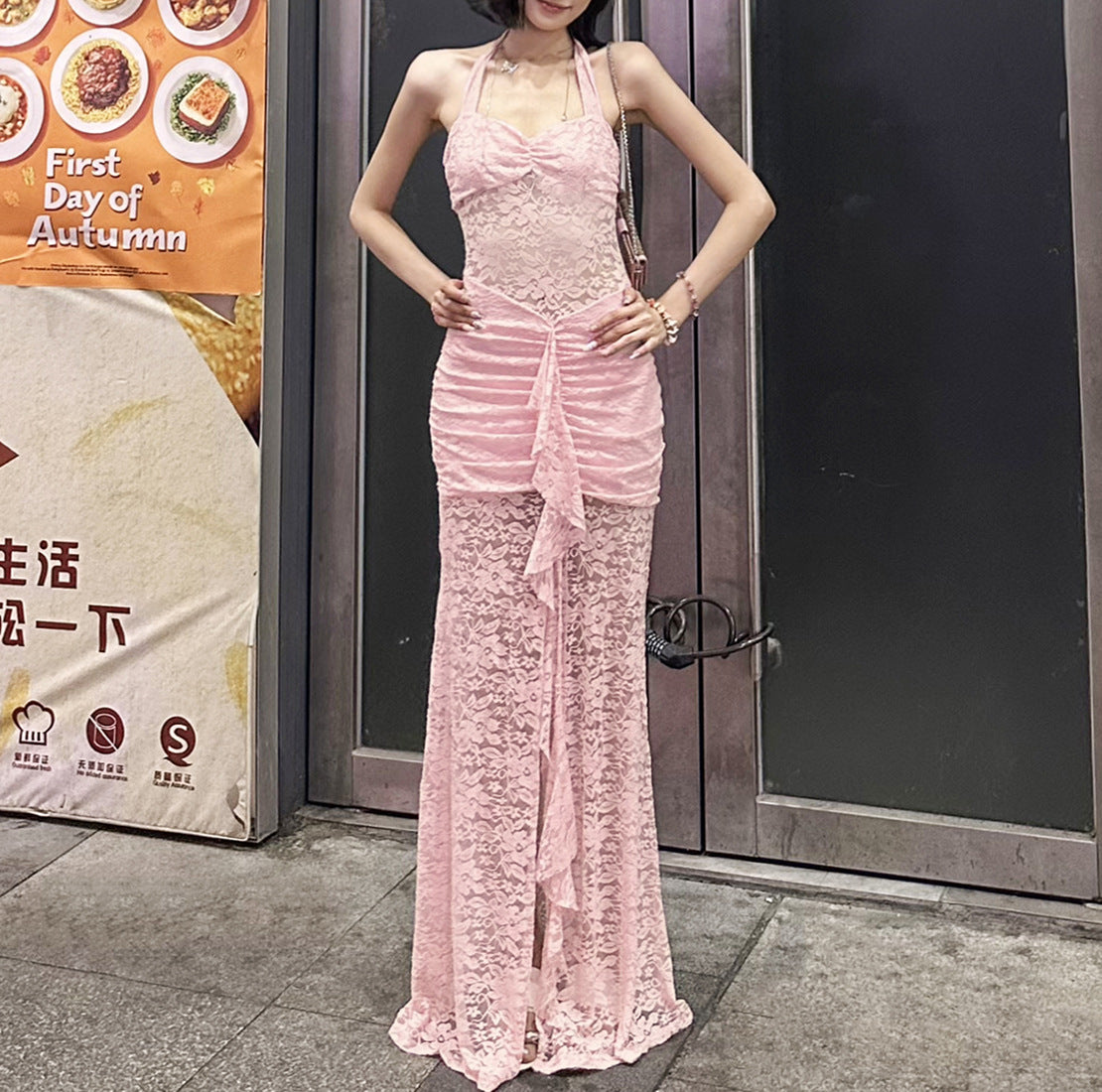 Summer Fashion Chic Elegant Lace Patchwork Halter Neck Slit Long Dress 17