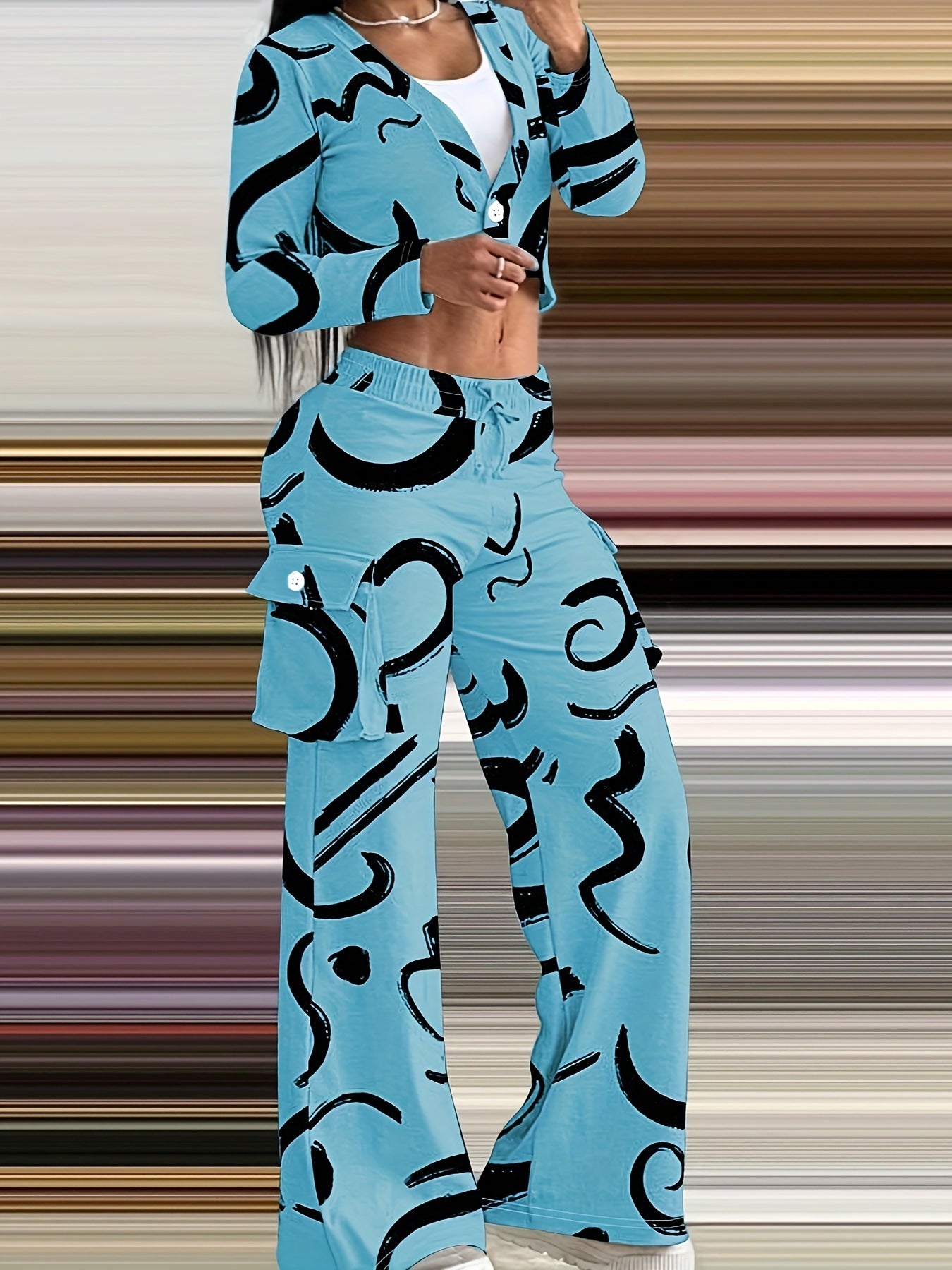 Women Autumn and Winter Geometric Line Print Casual Sexy Short Top and Pant Two-piece Set 6