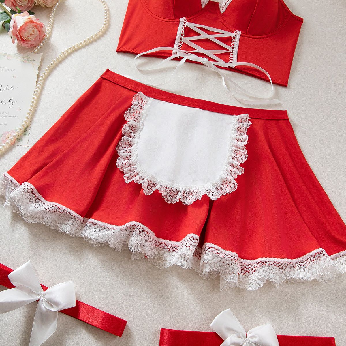 Women lace-up maid Pu-Leather cosplay uniform Sexy lingerie set 33