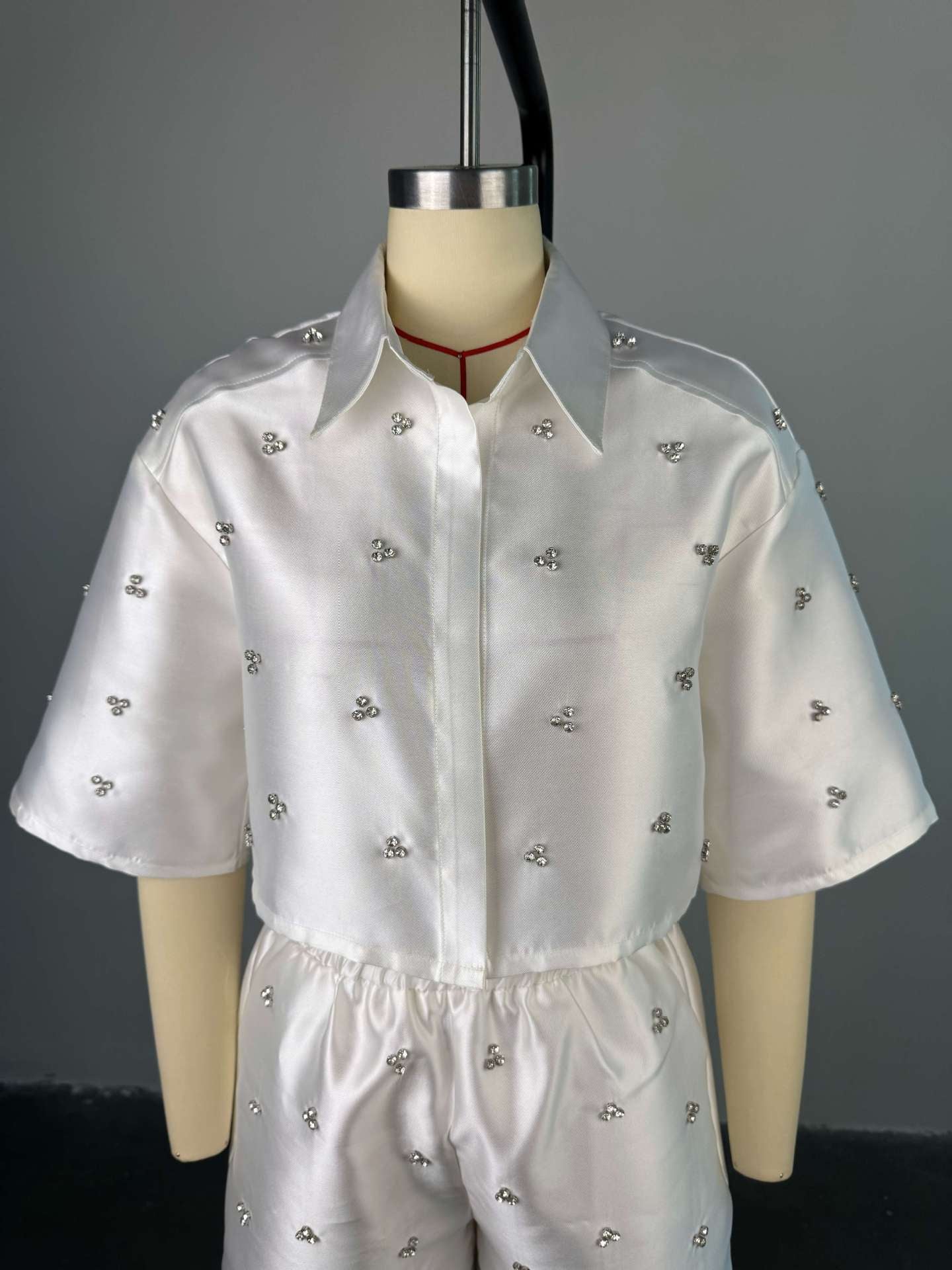 Women's summer beading Turndown Collar Bat Sleeves shirt high waist shorts two-piece set 7