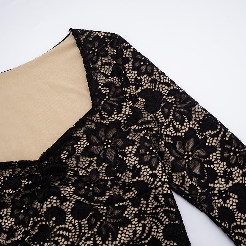 Women's Lace See-Through Long Sleeve Top & Tight Fitting Pants Two-Piece Set 23