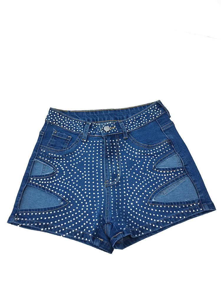 Women's Summer Beaded Ripped Washed Tight Fitting Sexy Stretch Denim Pants 26