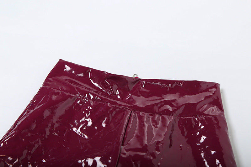 Women Sexy Pu Leather Halter Neck Backless Suspender Zipper Top and Pants Two-Piece Set 16